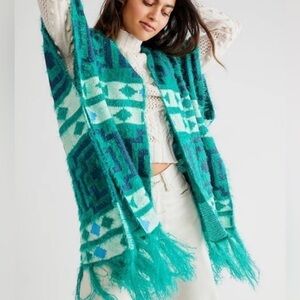 Free People Diamondback Cozy Sweater Kimono Poncho Emerald Green Aztec, one size